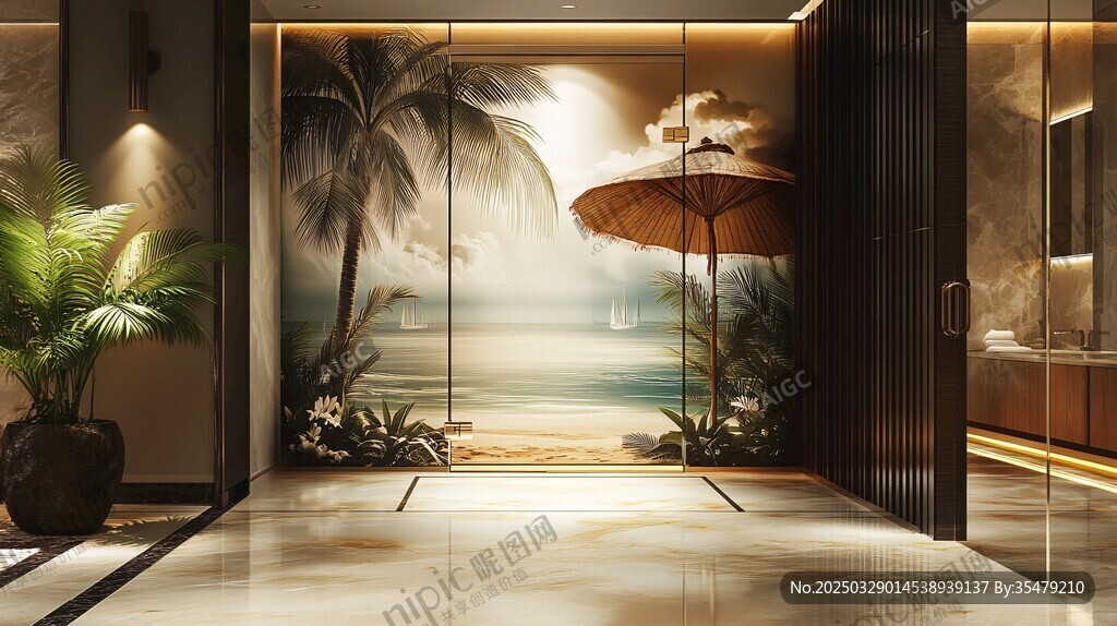 海景壁画装点的雅致玄关