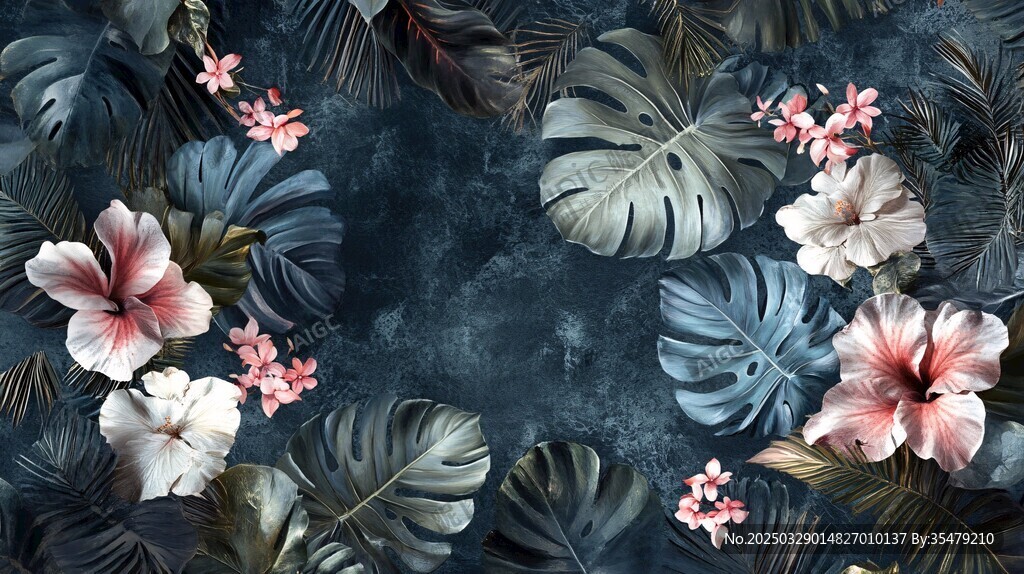 热带花卉与叶片背景图案