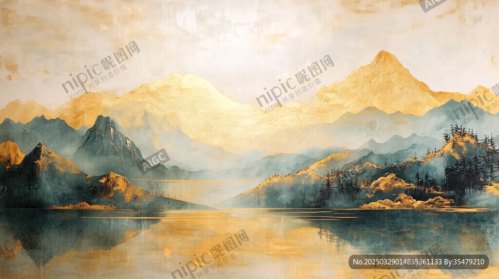 金色山水间的静谧湖景
