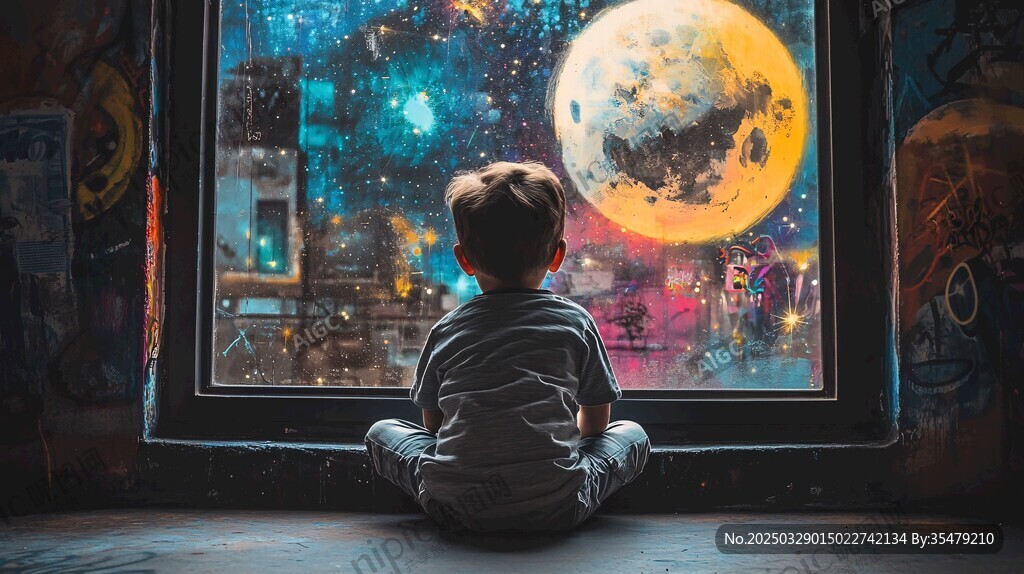 小孩窗前凝望奇幻宇宙景象