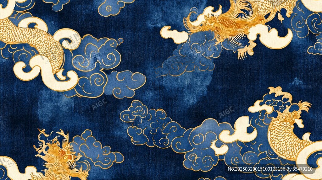 蓝底金龙云纹传统图案