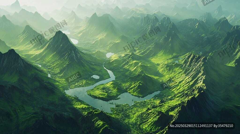 翠绿山峦间蜿蜒河流景观