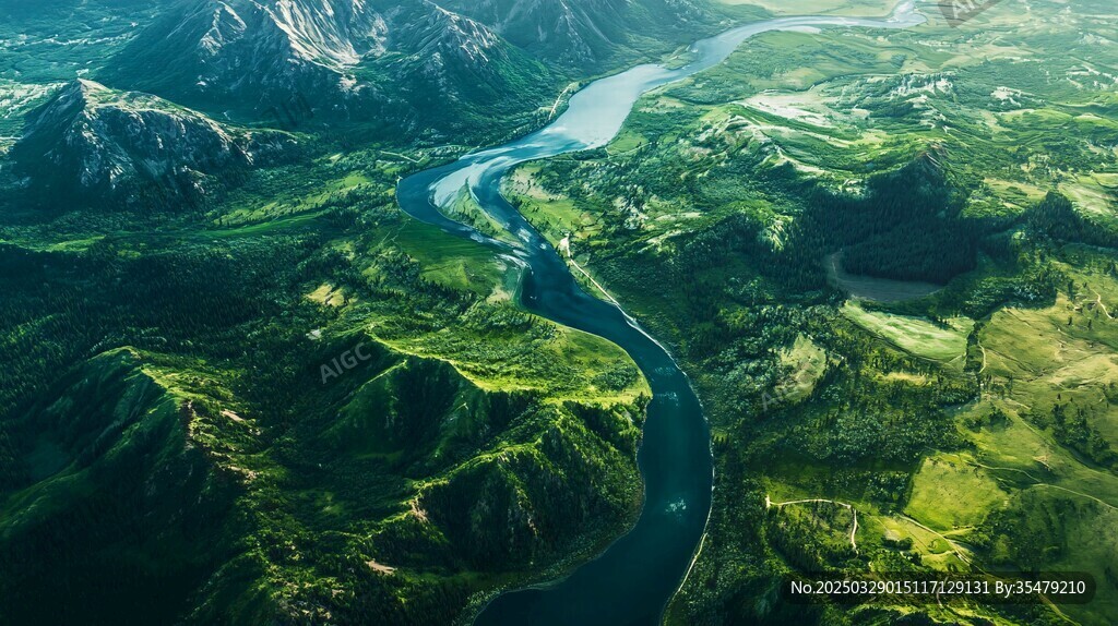 空中俯瞰蜿蜒山河美景