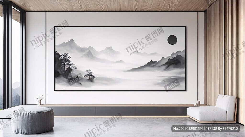 中式客厅山水壁画装饰美
