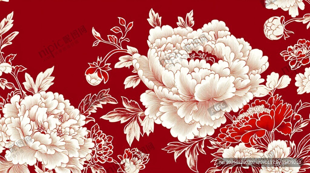 中式红底牡丹花卉图案