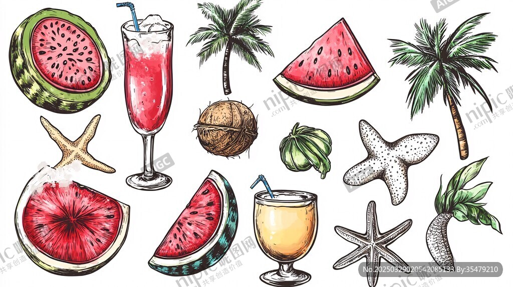 夏日清凉水果与饮品插画