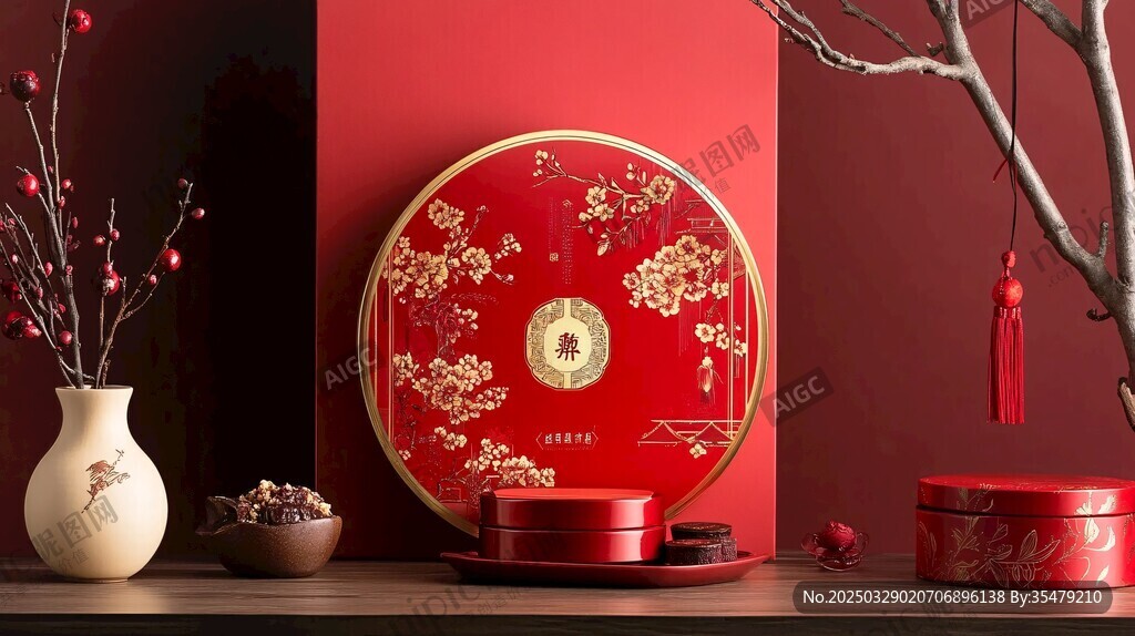 中式喜庆红色团圆礼盒摆件