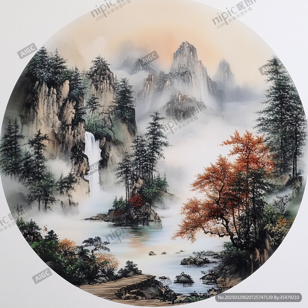 水墨山水圆景图