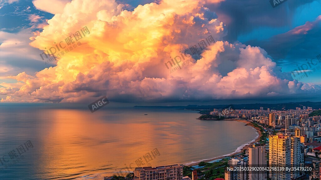 海滨城市壮丽云霞景观