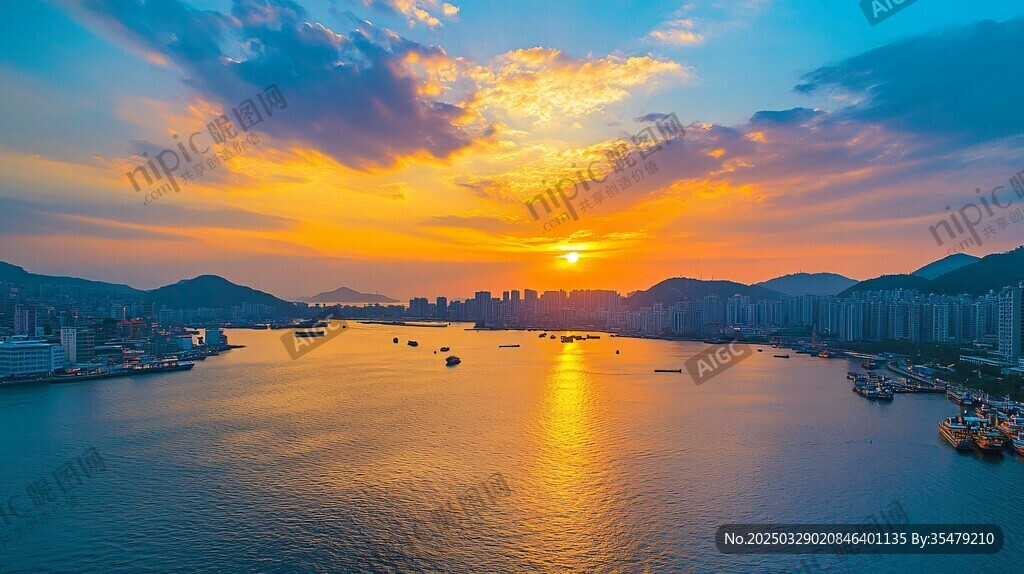 海滨城市绚丽日落美景