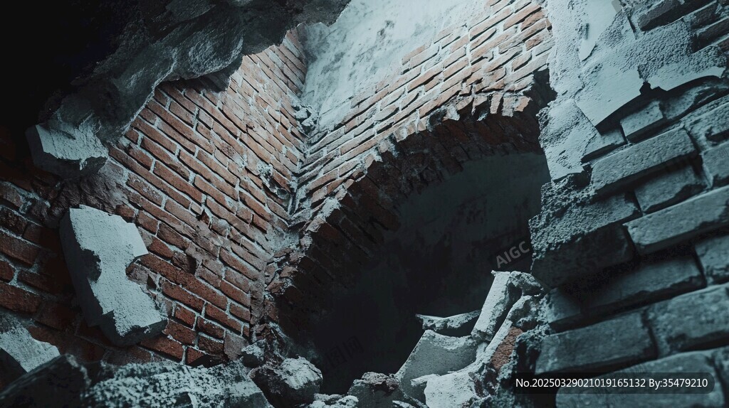 砖墙破损洞开的废墟场景