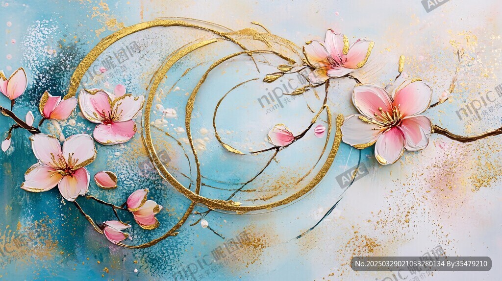 梦幻蓝金桃花艺术插画