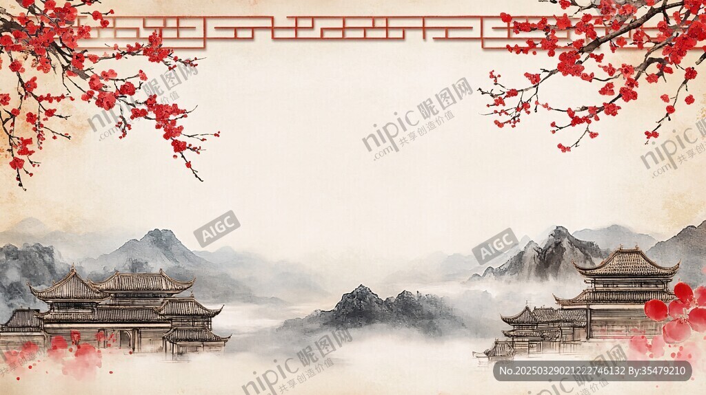 古风中式山水楼阁红梅图