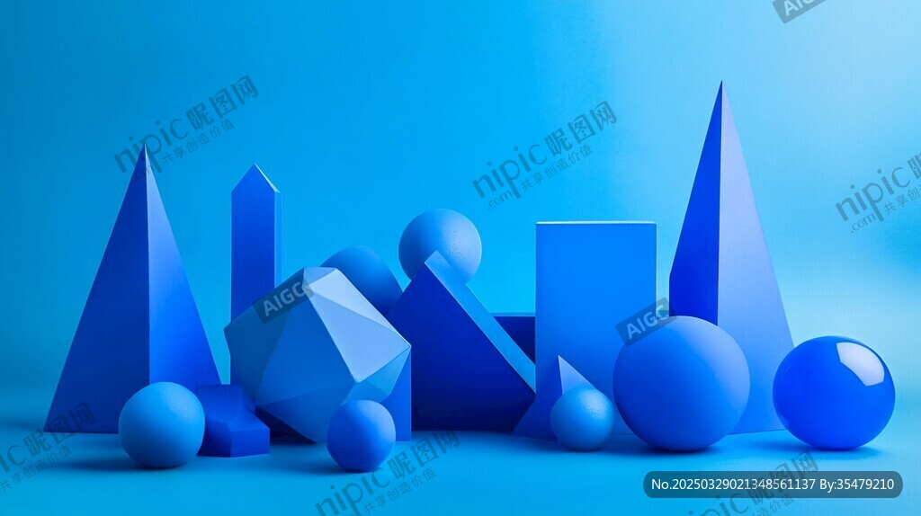蓝色几何立体模型组合