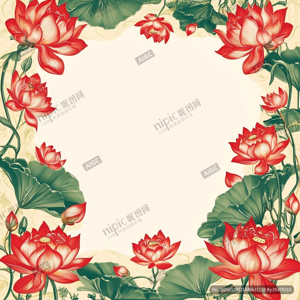 中式荷花边框插画图案