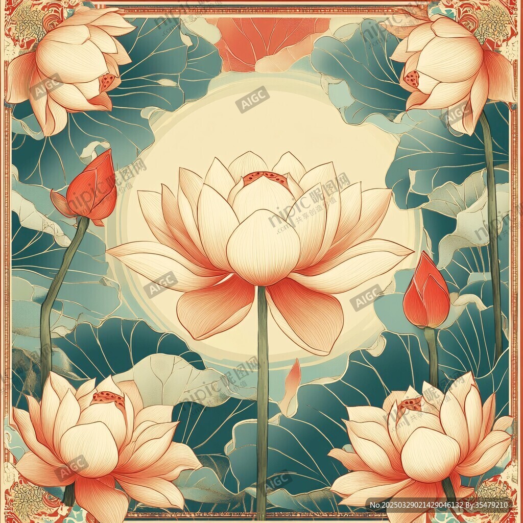 中式古风荷花祥瑞图案