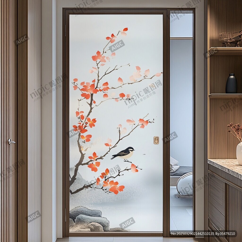 中式花鸟艺术玻璃隔断门