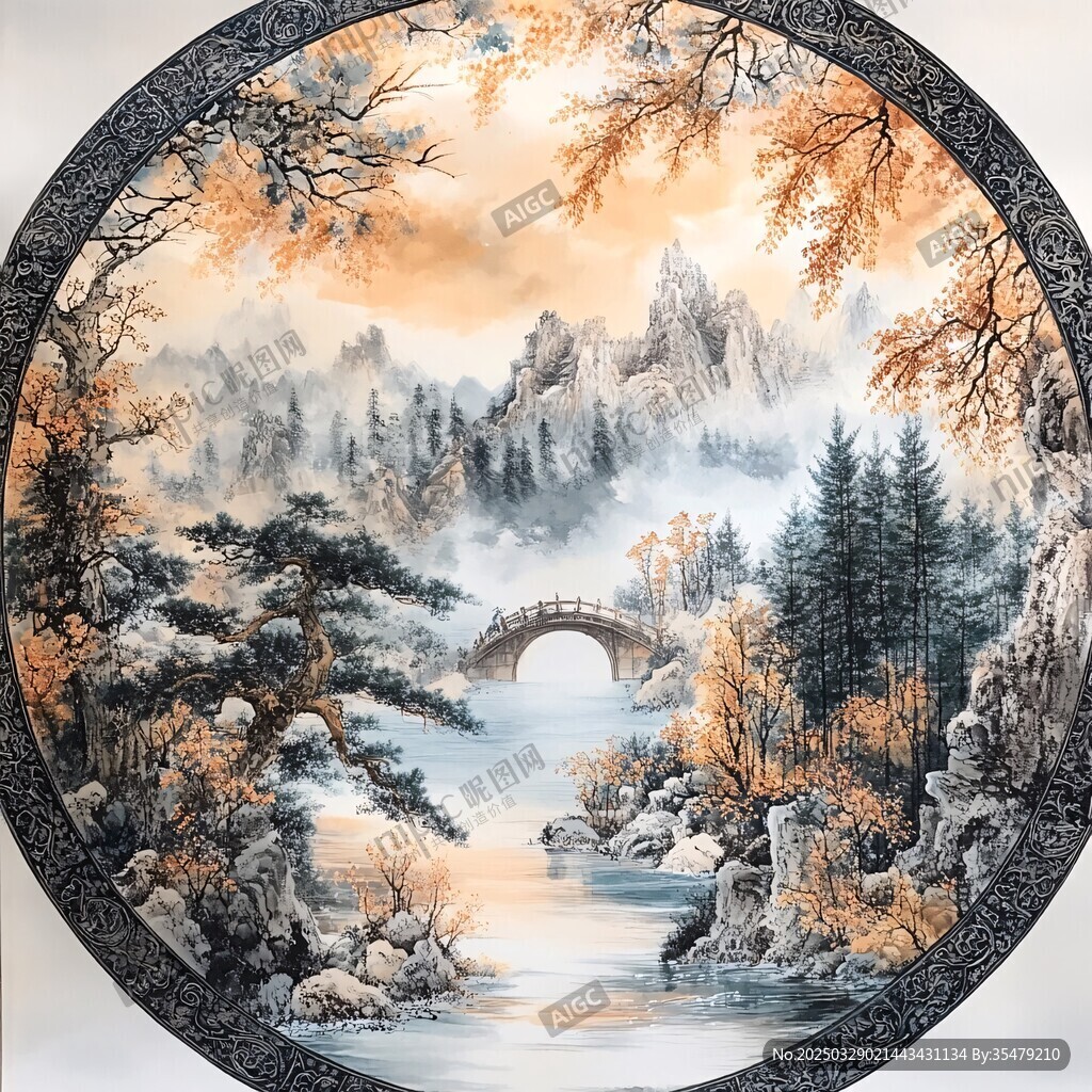 秋韵山水间的中式意境图