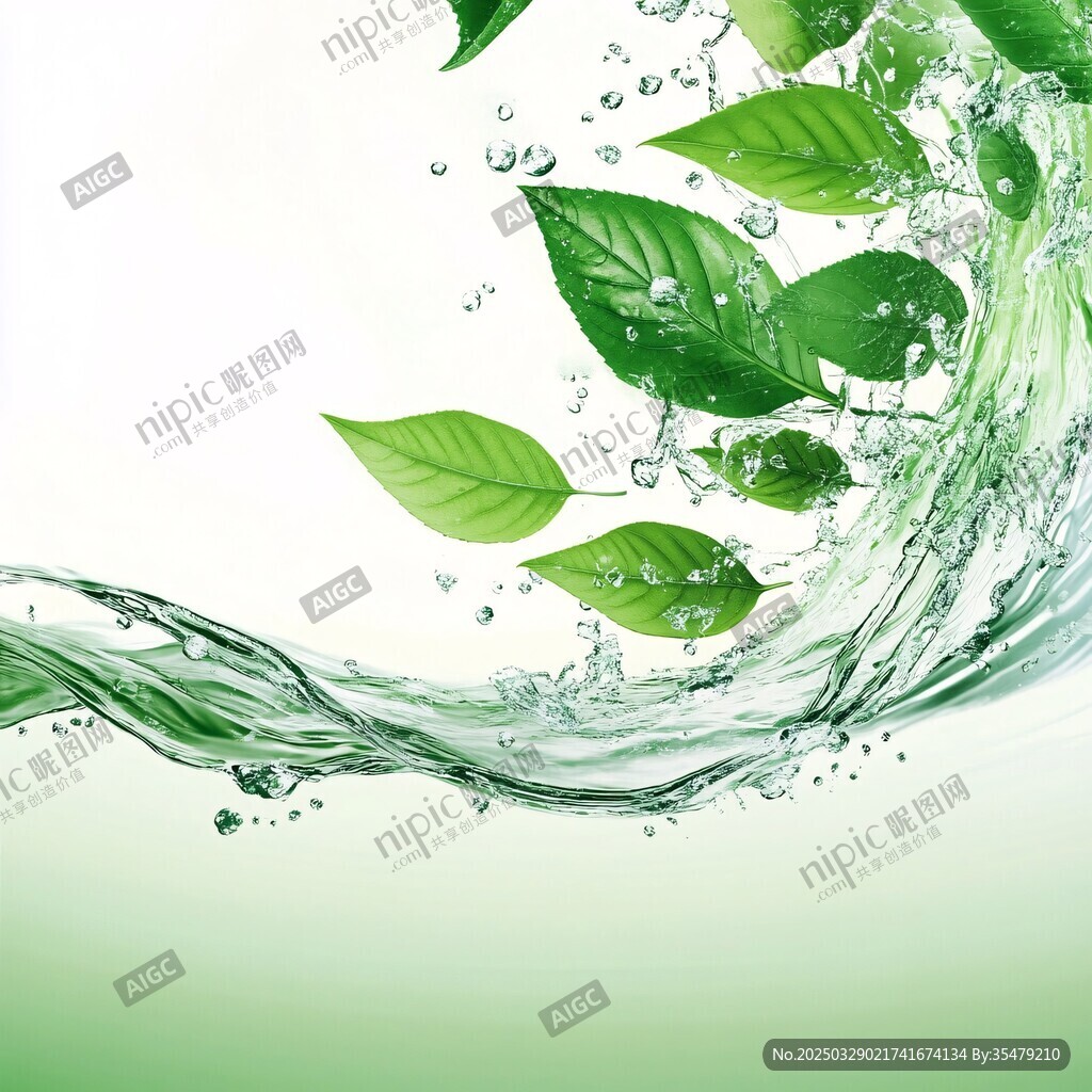 绿叶与水花的清新邂逅