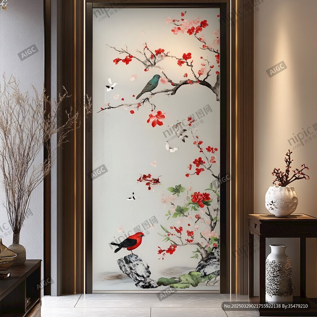 中式花鸟玄关装饰画意境美