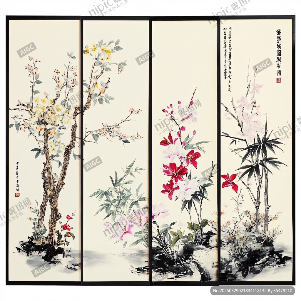 中式花鸟四屏图
