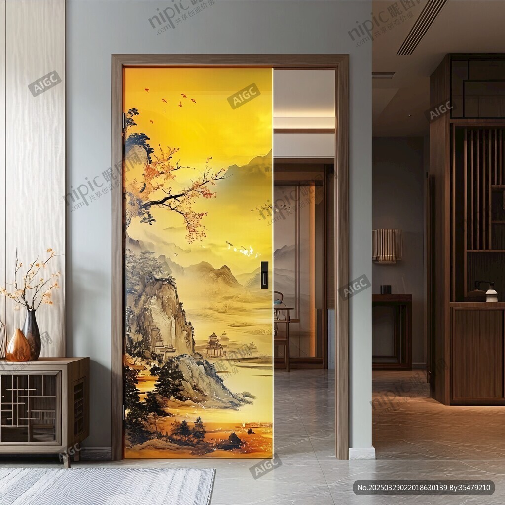 中式山水入户门装饰画