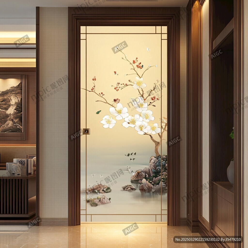 中式花鸟屏风玄关装饰图