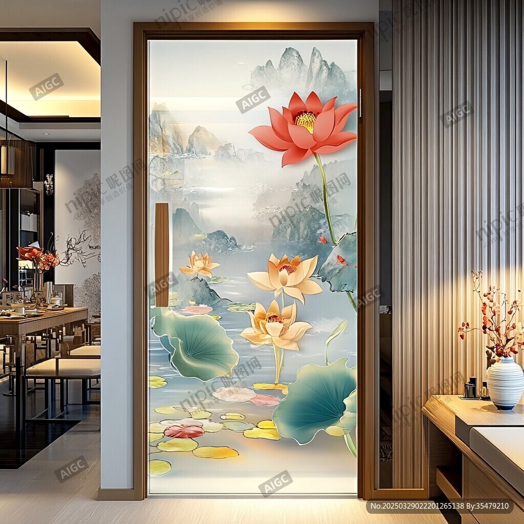 中式荷花山水玄关装饰画