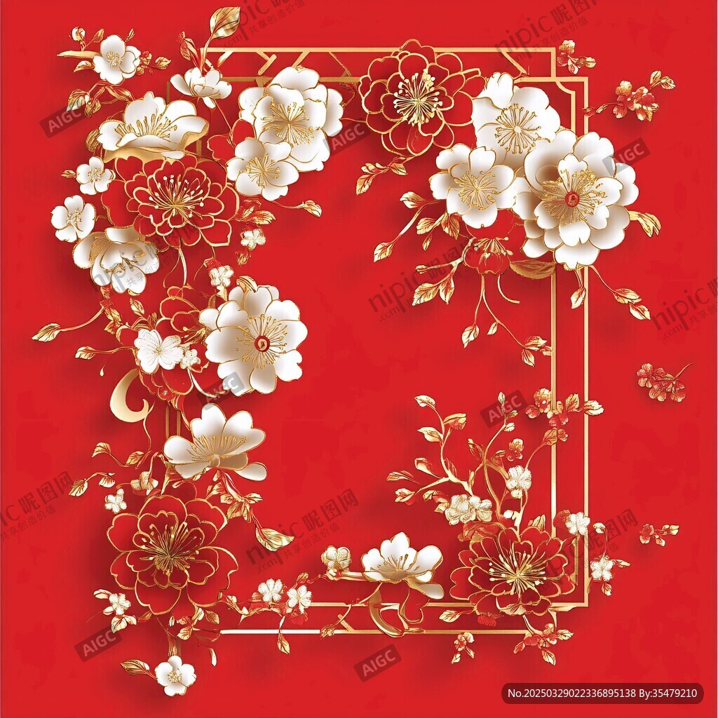 红色背景中式花卉装饰图