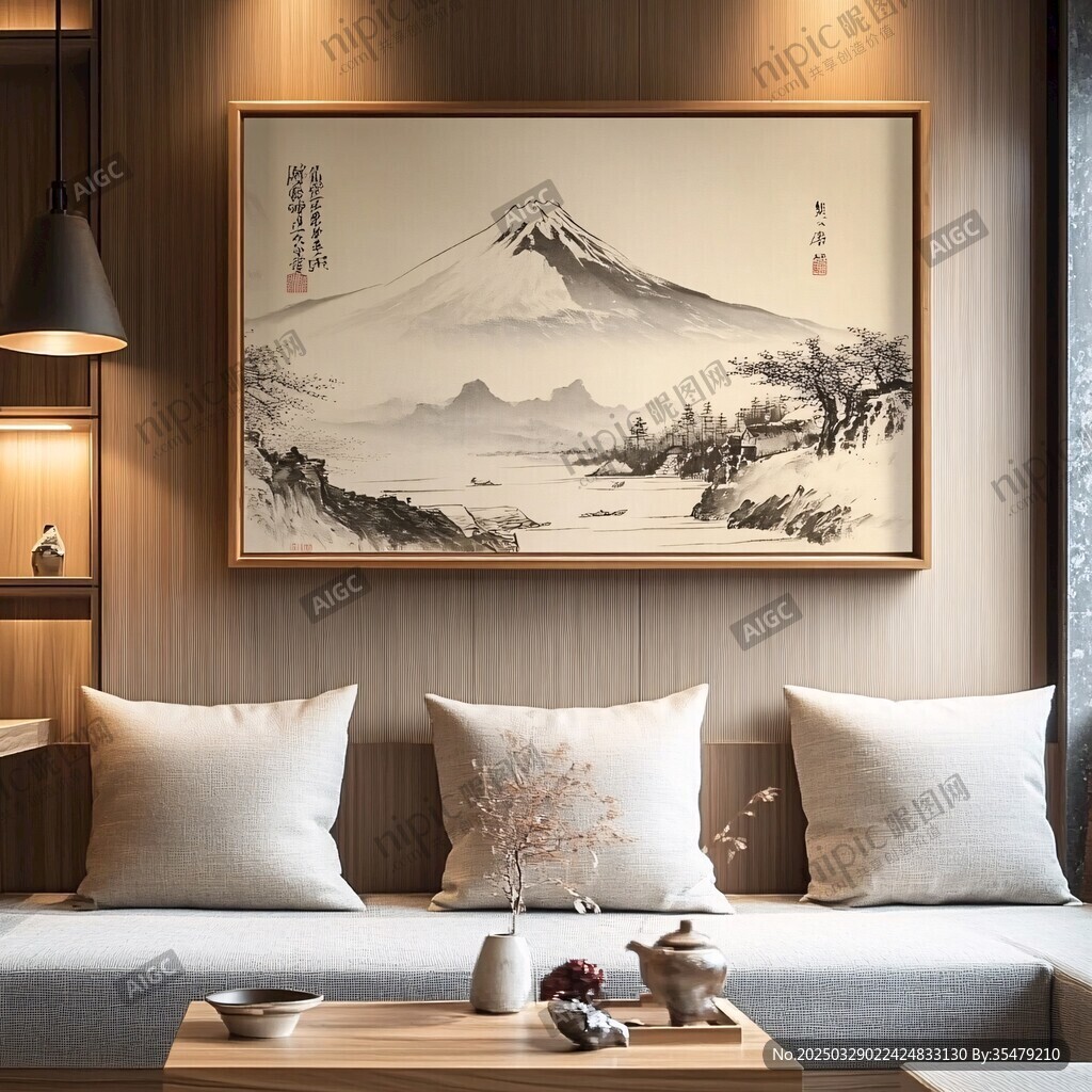 日式客厅中雅致山水挂画