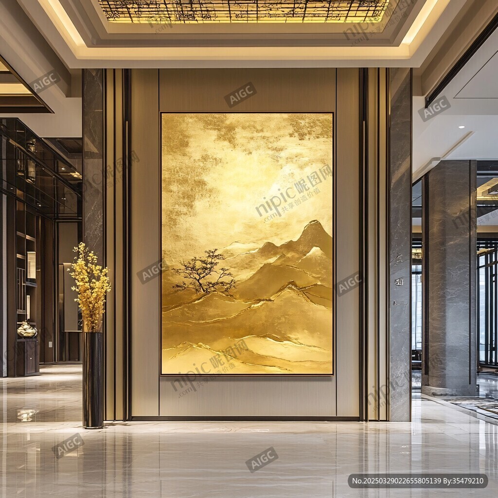 中式大厅中的金色山水壁画
