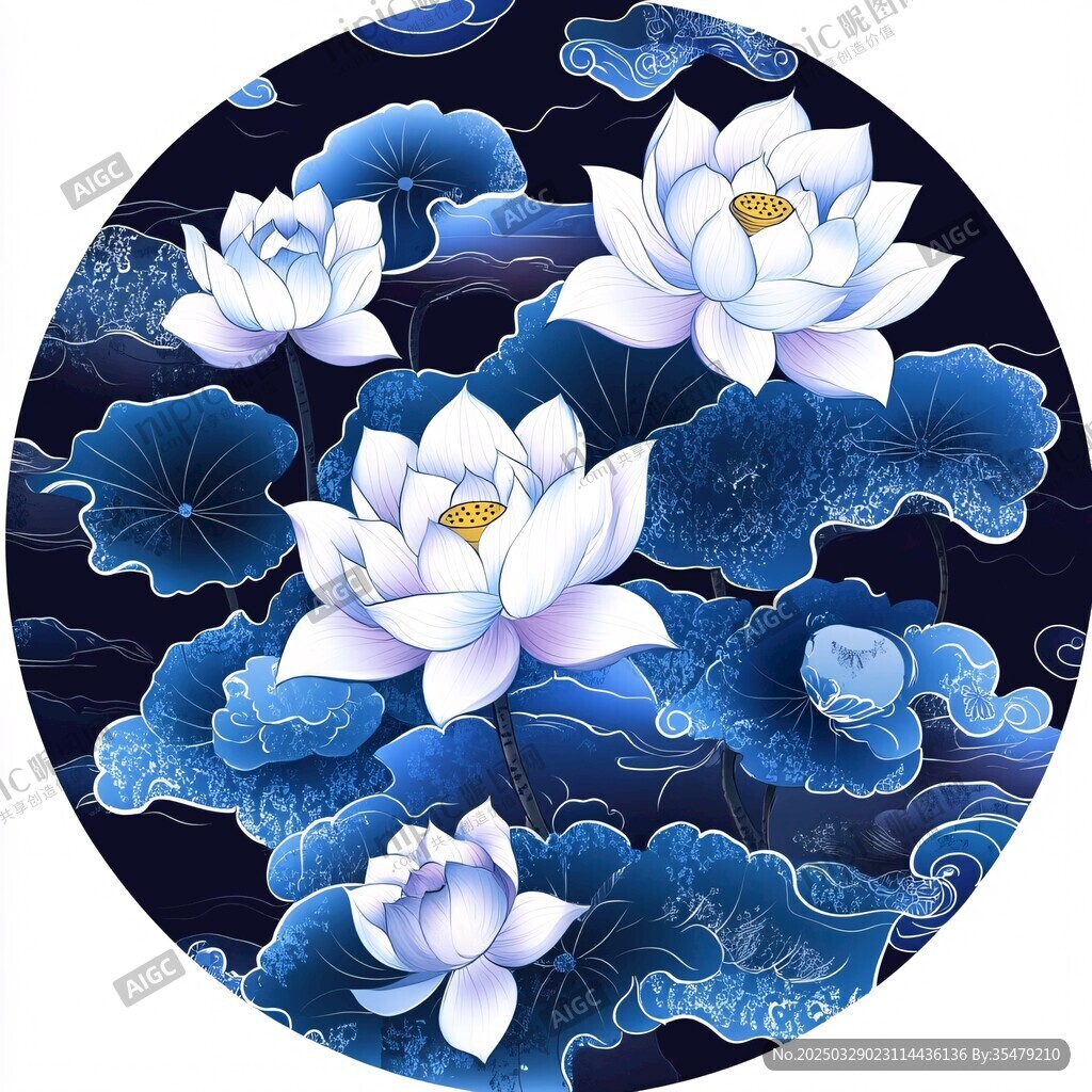 中式蓝白莲花祥云图案