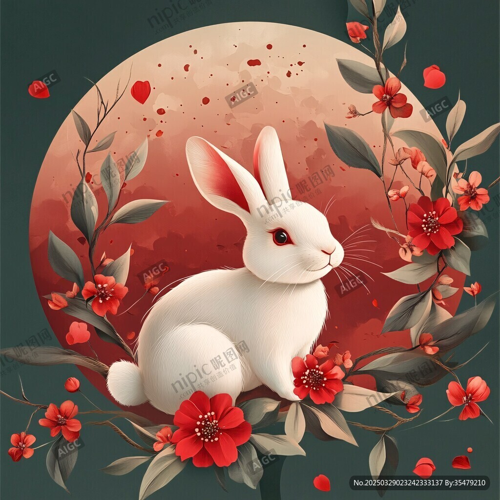玉兔伴花图