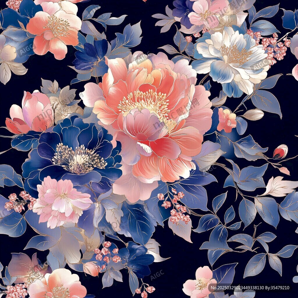 深蓝底繁花锦簇花卉图案