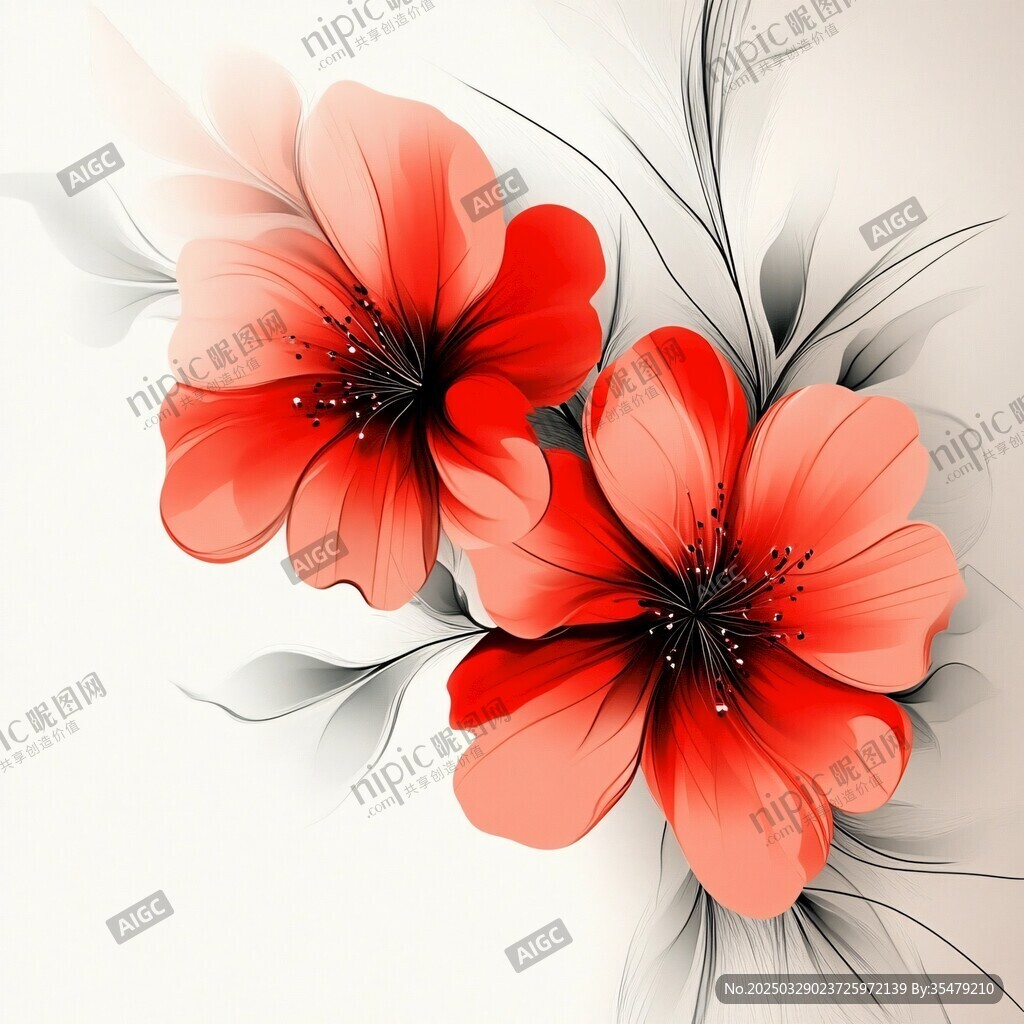 两朵艳红花朵的梦幻插画