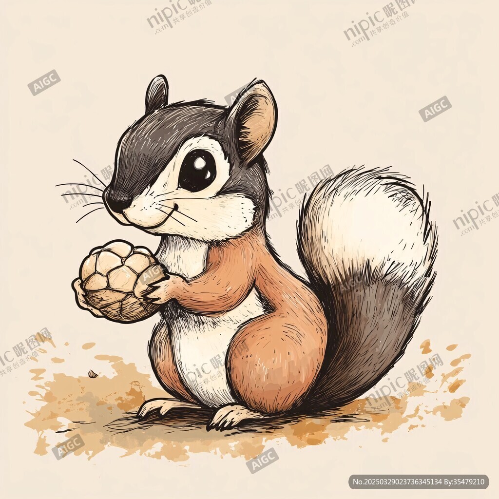 抱核桃的可爱松鼠插画
