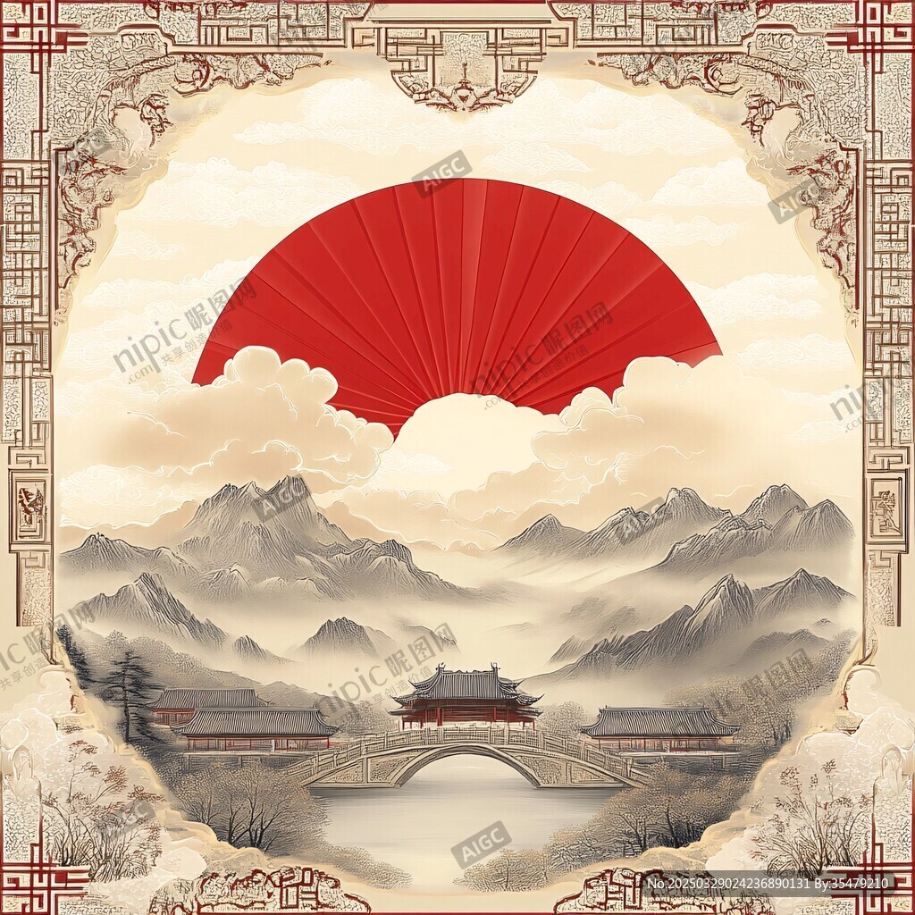 中式山水扇韵古风意境图
