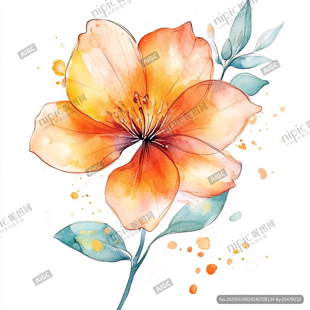 水彩绘橙色花卉清新插画