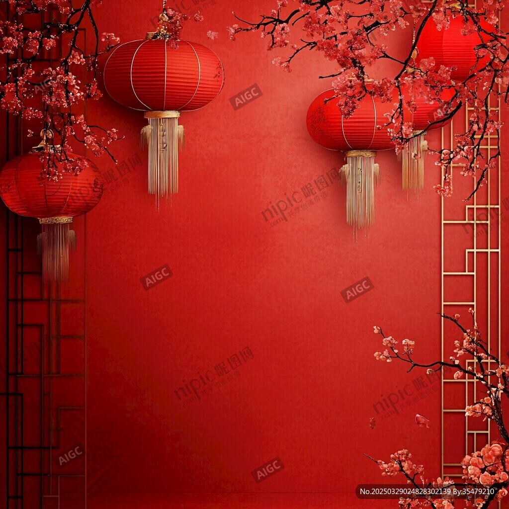 中式红墙灯笼春景图