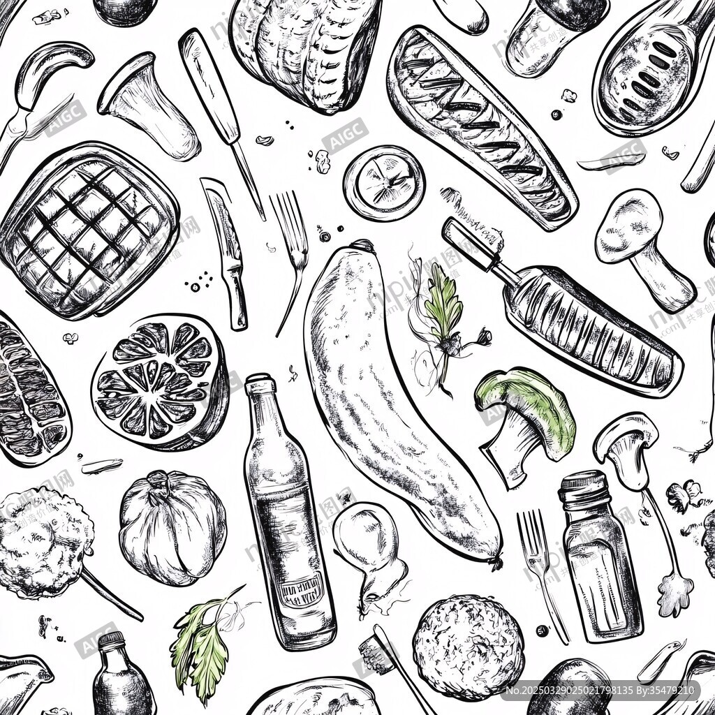 手绘烧烤食材与器具图案