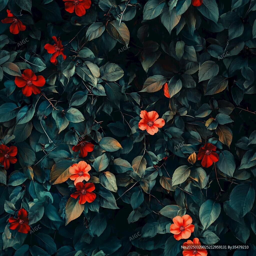 深红花朵与绿叶交织图景
