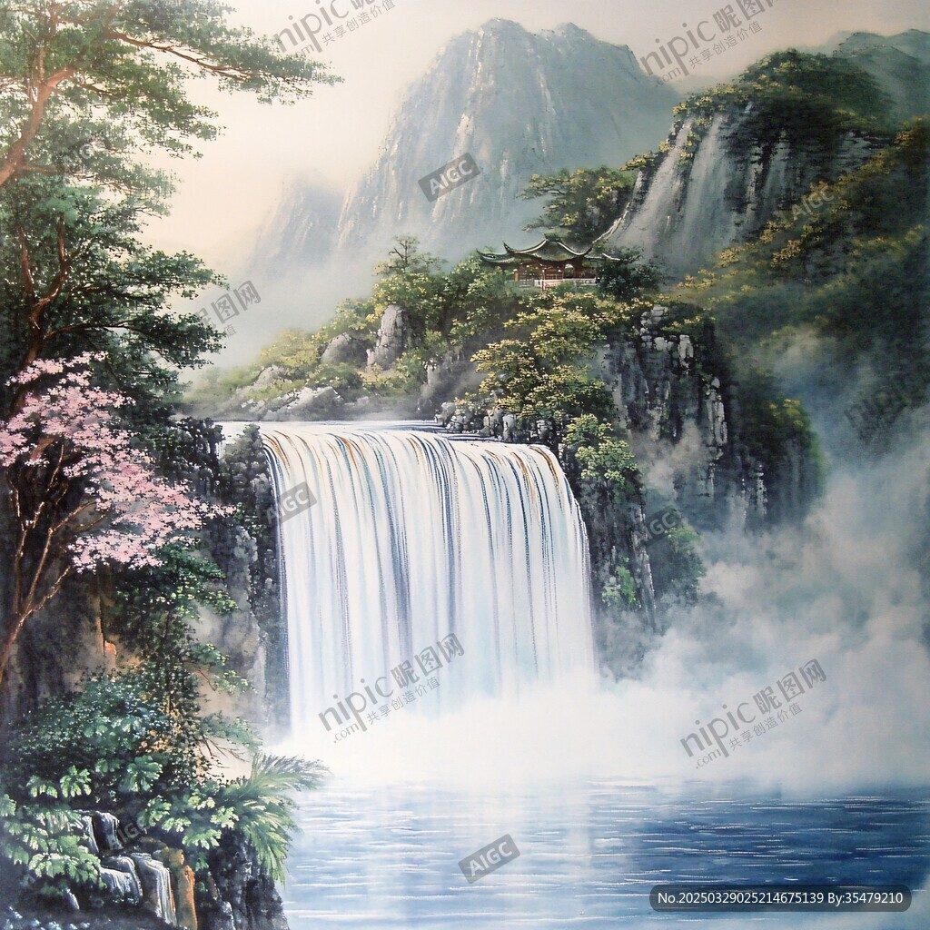 山水瀑布间的诗意自然景观