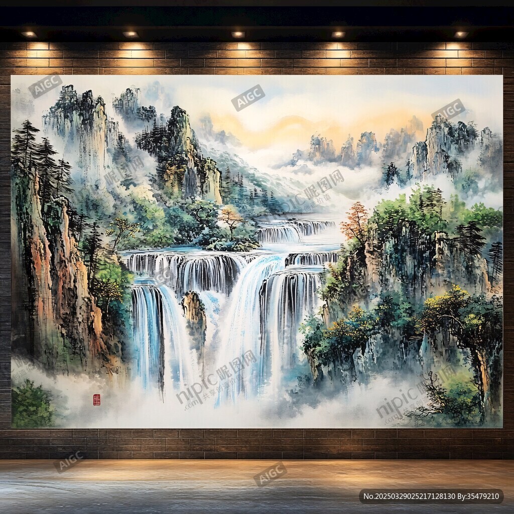 中式山水瀑布壁画艺术