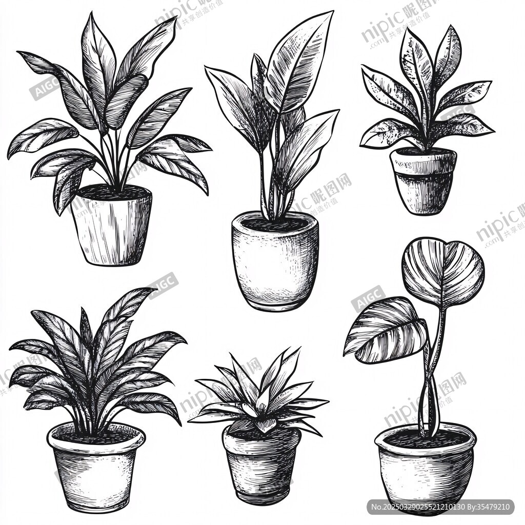 手绘盆栽植物集合插画