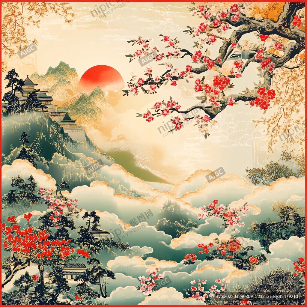 旭日红梅映山水国画意境