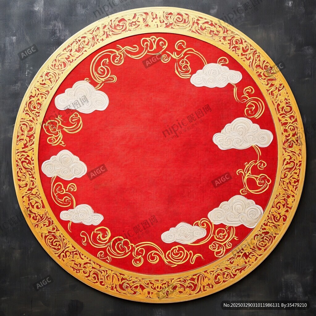 中式红底金纹云饰圆地毯