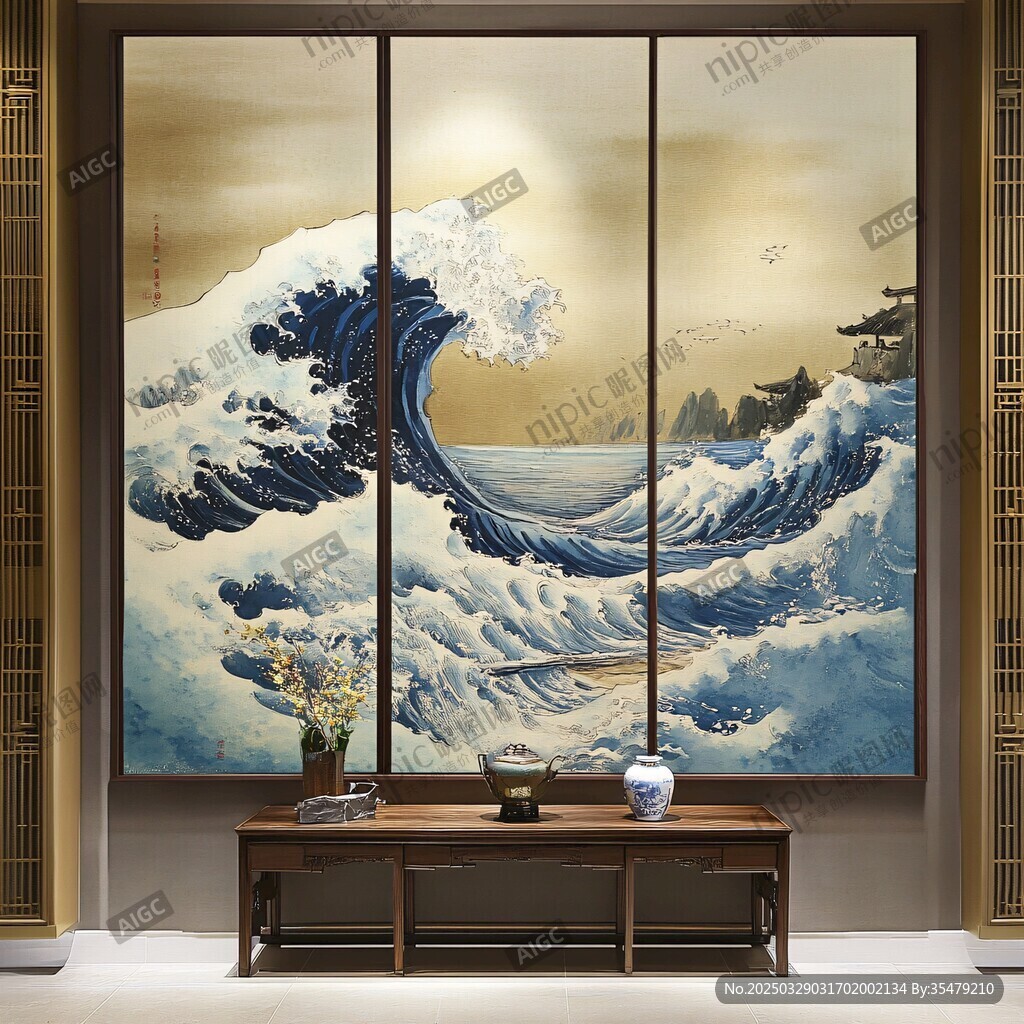 神奈川冲浪里中式屏风画