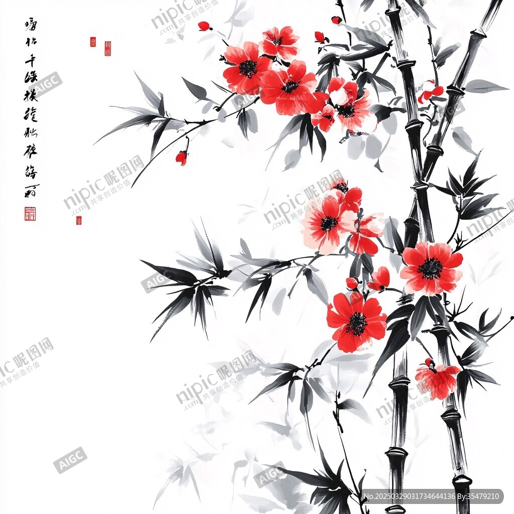 墨竹红梅图