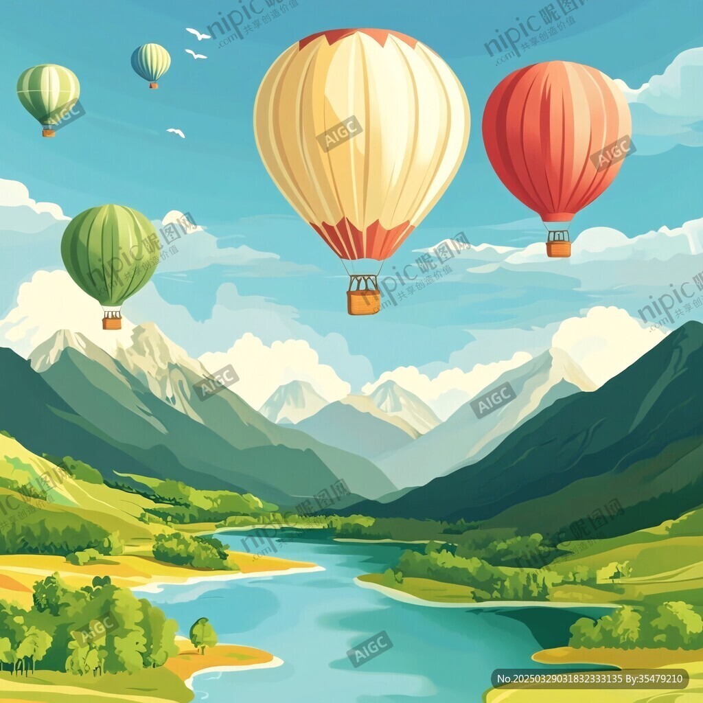 天空下的热气球与山水美景