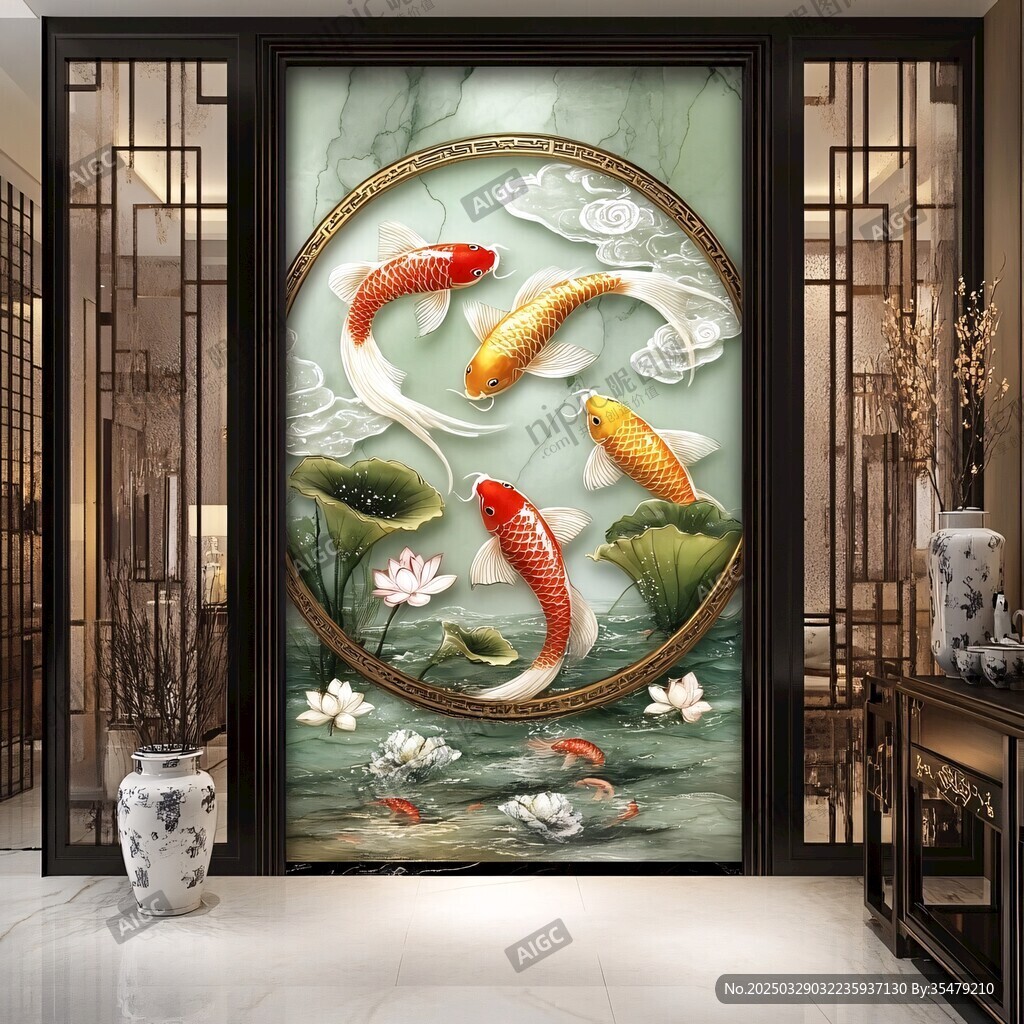 中式玄关九鱼图玉石壁画